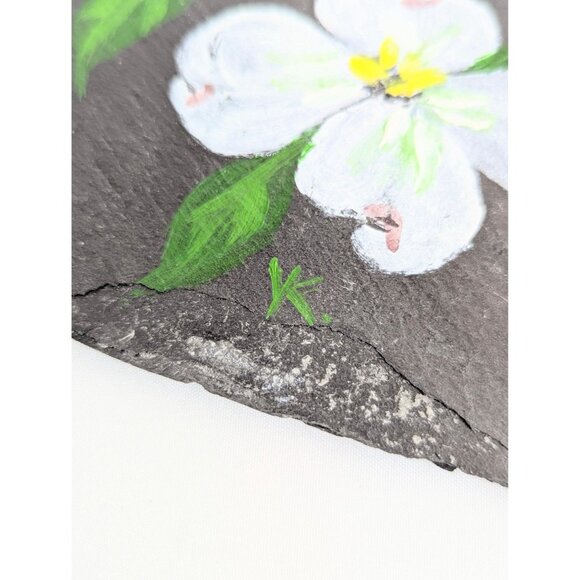 Large Hand-Painted Gray Slate Wall Hanging Art White Dogwood Flowers Rustic Boho - Picture 10 of 10